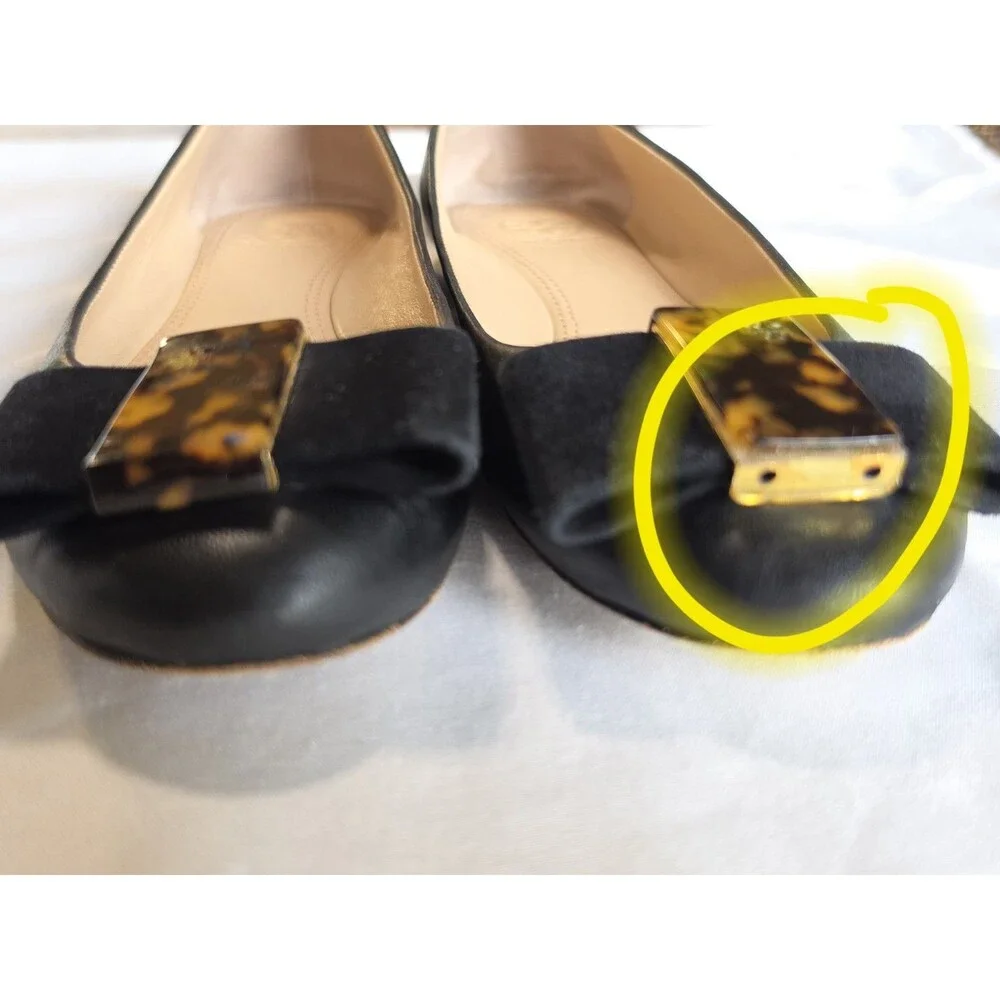 Tory Burch Black Leather Ballet Flats Suede Bow Tortoise Accent Women's 7.5M